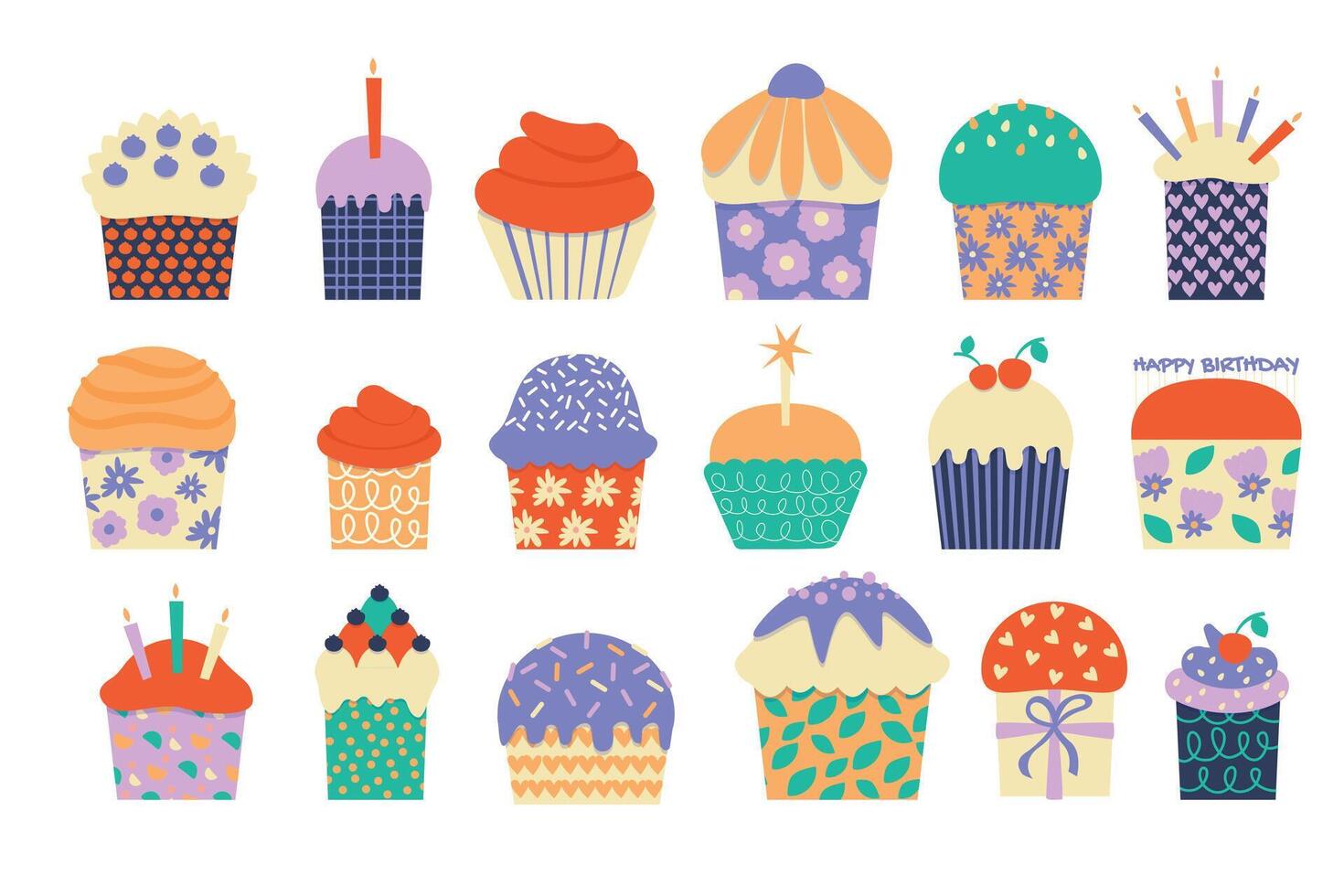 compleanno cupcakes. cartone animato dolce dolci con colorato condimenti per celebrazione, carino bambini forno con muffin e cupcakes. vettore piatto collezione
