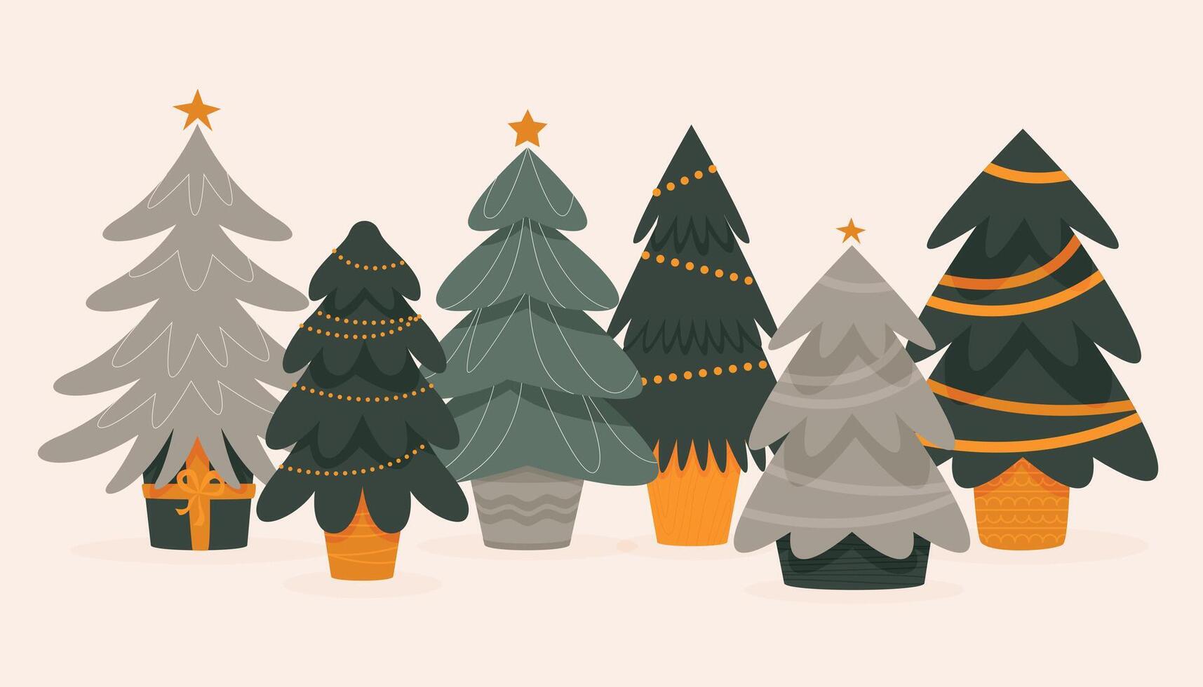 Natale alberi nel pentole. cartone animato verde abete alberi decorato con palline, Natale albero nel secchio con i regali per nuovo anno celebrazione. vettore isolato impostato