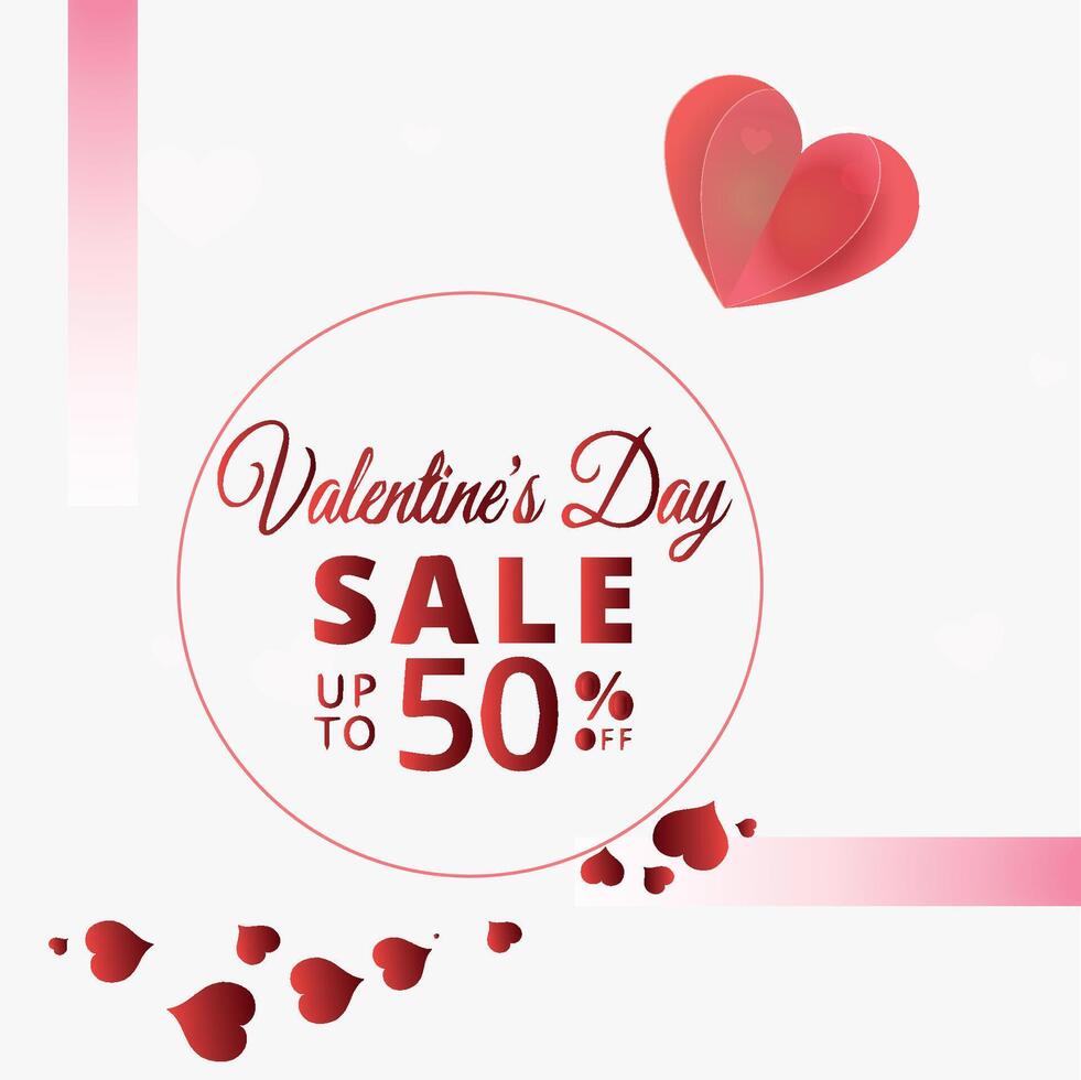 offerta speciale banner di vendita di san valentino con cuori rossi 3d e decorazione del testo sconto pubblicitario. illustrazione vettoriale. vettore