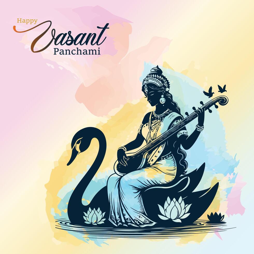 contento vasante panchami dea Saraswati con religioso Festival sfondo. manifesto, striscione, aviatore vettore illustrazione design utilizzando Saraswati silhouette