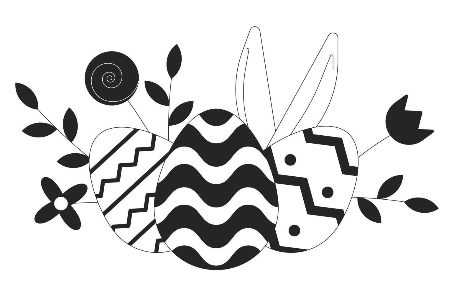 Pasqua uova primavera fiori nero e bianca 2d linea cartone animato oggetto. primavera floreale uova di Pasqua isolato vettore schema elemento. decorativo ornato. tempo di pasqua vacanza monocromatico piatto individuare illustrazione