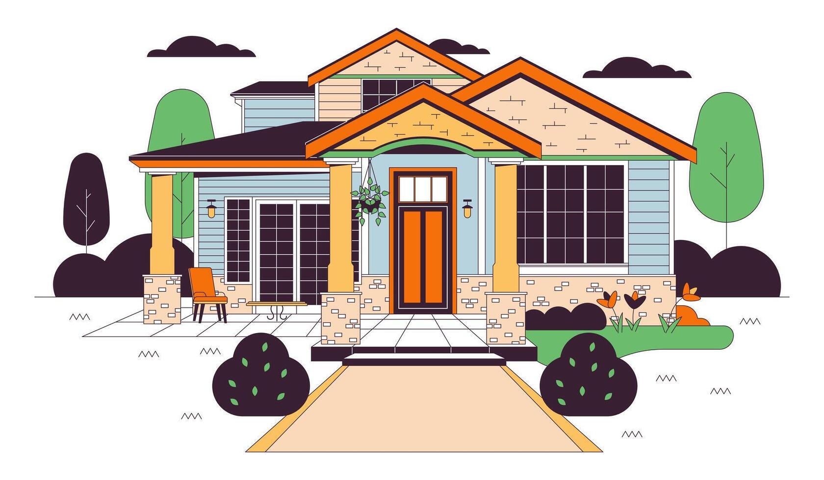 bungalow nazione Casa linea cartone animato piatto illustrazione. nuovo ranch casa. sospeso pianta su veranda esterno 2d Linea artistica oggetto isolato su bianca sfondo. vero tenuta alloggiamento scena vettore colore Immagine