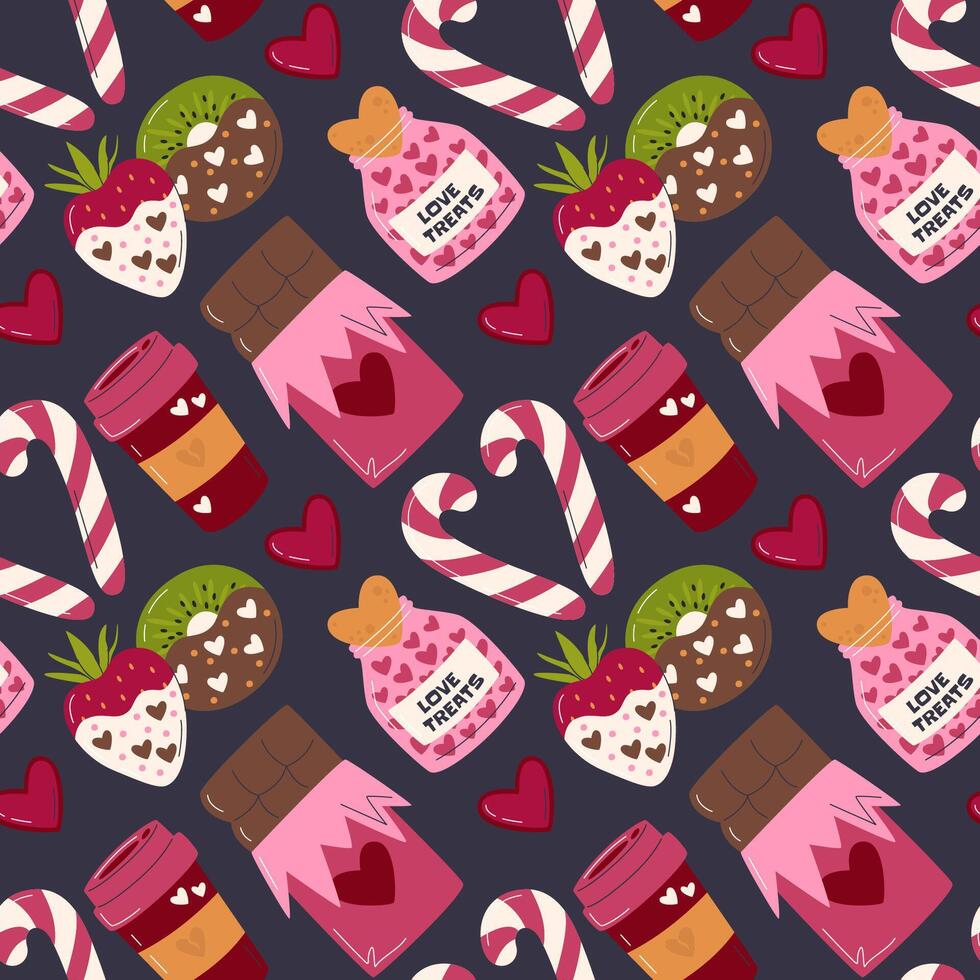 frutta nel cioccolato fresco dolce. San Valentino cibo senza soluzione di continuità modello arredamento design. Due caramella canne fabbricazione cuore forma. caffè tazza e cioccolato bar mano disegnato piatto vettore illustrazione isolato su buio