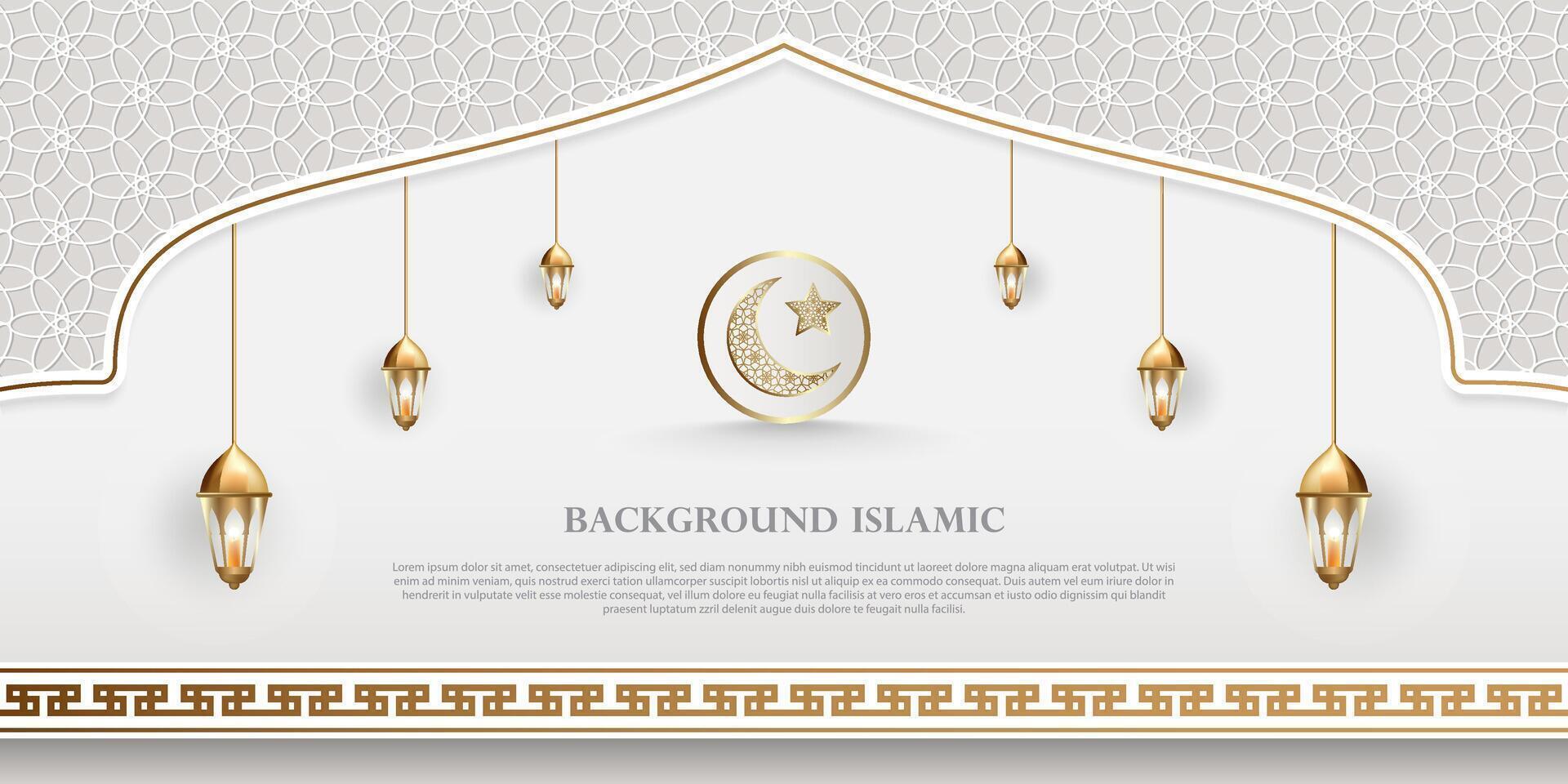 islamico tema bandiera sfondo, Arabo modello ornamenti. bianca colore con lussuoso oro silhouette. decorazione design elemento vettore