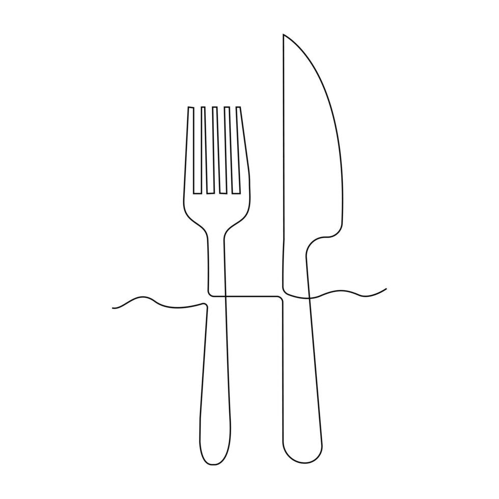vettore forchetta, coltello continuo uno linea disegno su bianca sfondo azione illustrazione