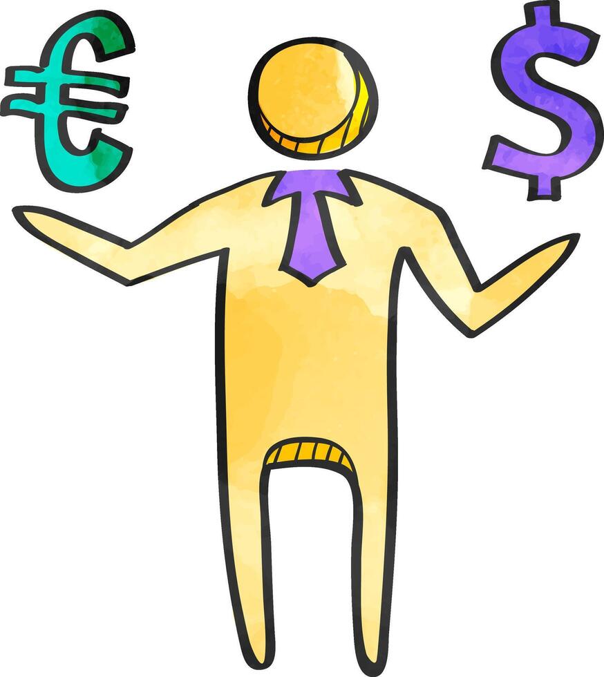 uomo d'affari Tenere Euro e dollaro cartello. icona nel colore disegno. vettore
