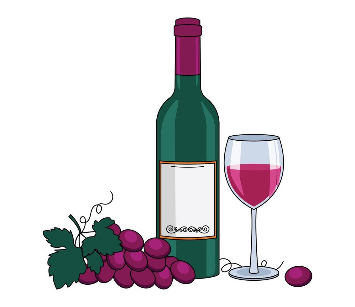 bottiglia di rosso vino, vino nel bicchieri e un' uva. con un schema. vettore grafico.