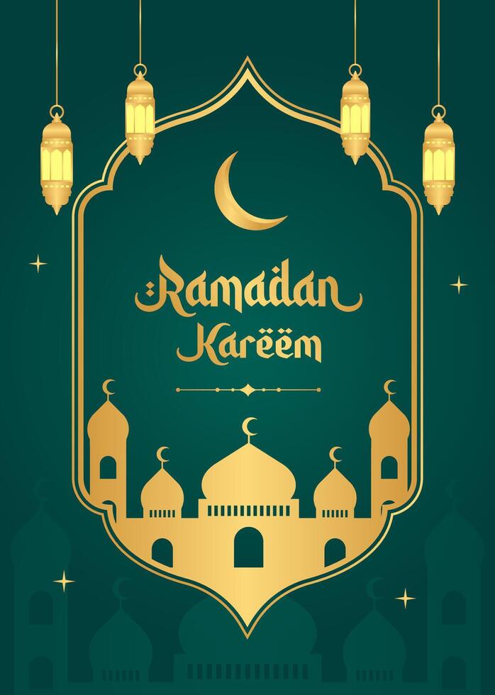 islamico Ramadan celebrazione, bellissimo modello manifesto design con moschea, e lanterne. Ramadan sfondo illustrazione, copertina vettore