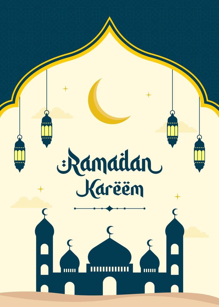 islamico Ramadan celebrazione Ramadan kareem modello manifesto design con moschea, e lanterne. Ramadan sfondo telaio vettore illustrazioni