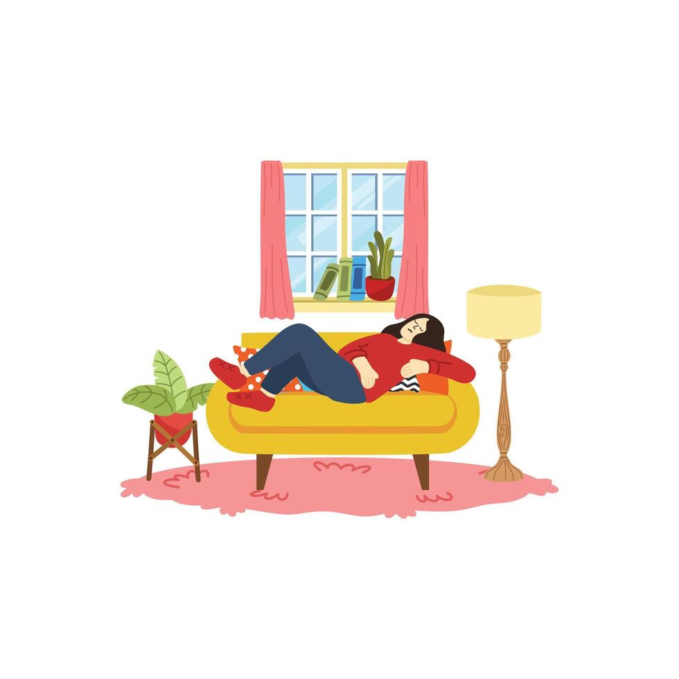 illustrazione di un' donna provato e rilassante nel vivente camera vettore