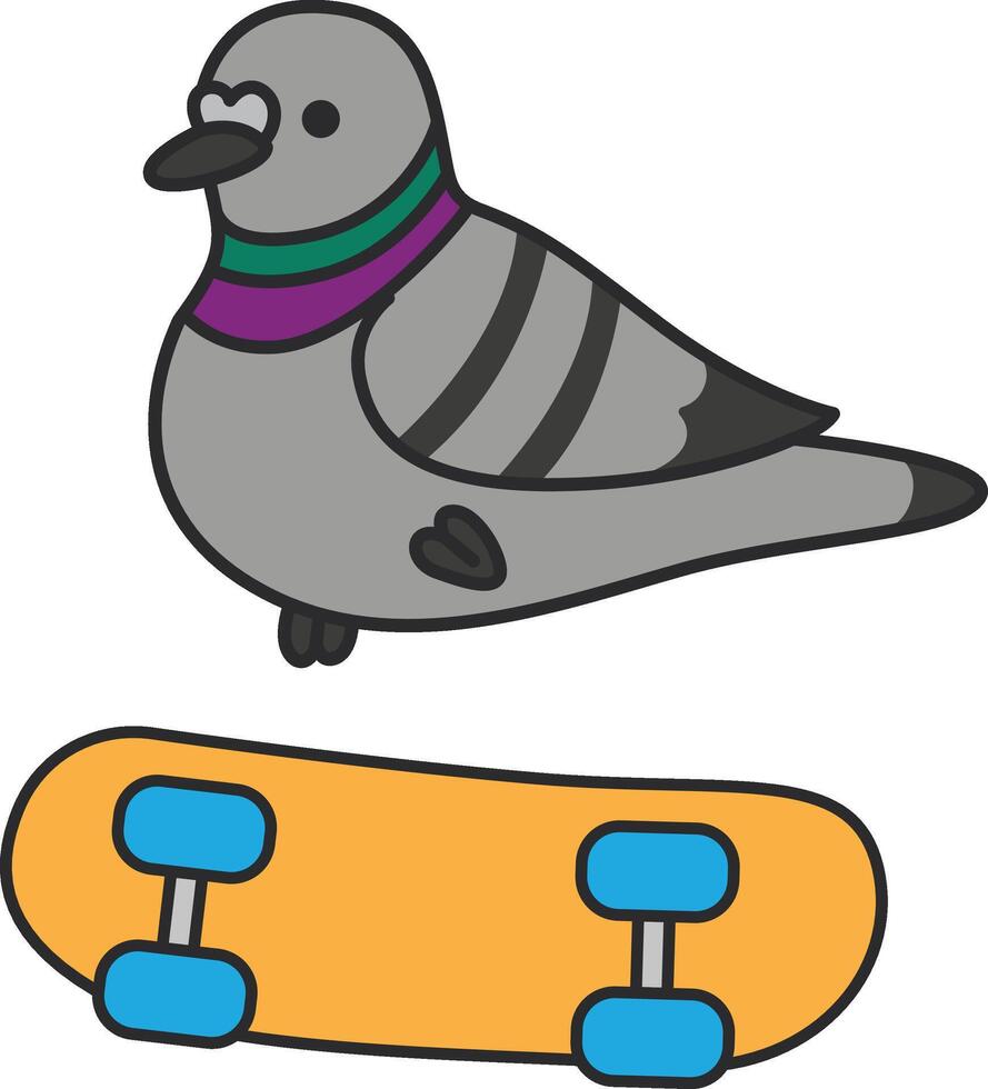 Piccione con skateboard. vettore illustrazione nel piatto stile.