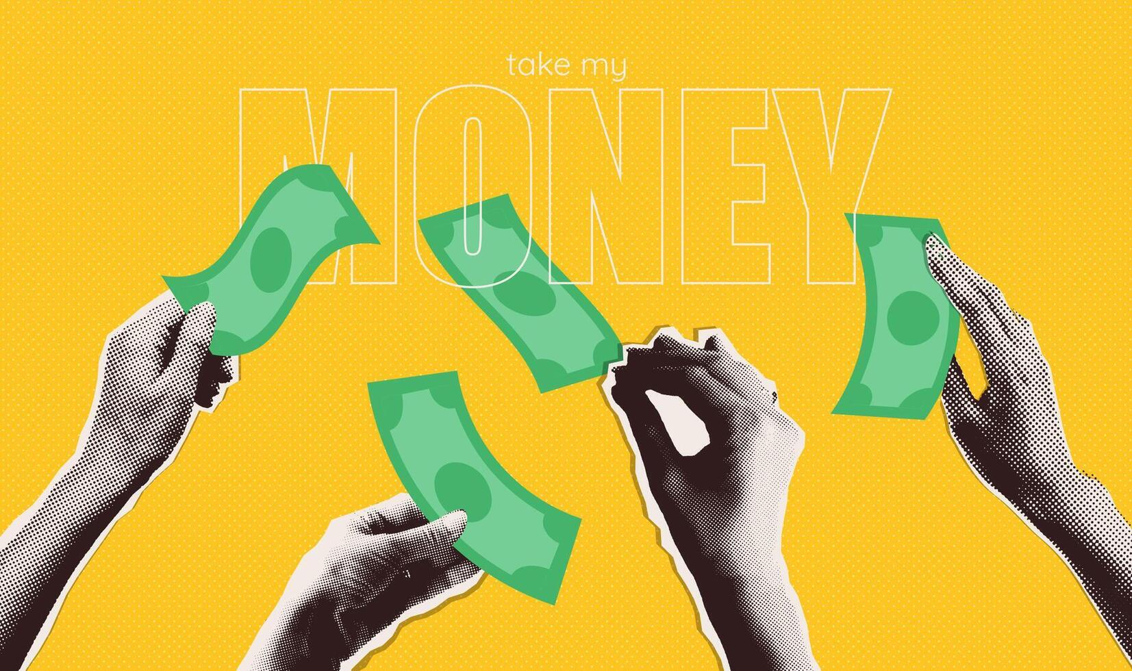 creativo collage opera d'arte manifesto di mani crescente denaro contante i soldi. mezzitoni misto media bandiera nel y2k Vintage ▾ pop arte stile. vettore illustrazione.