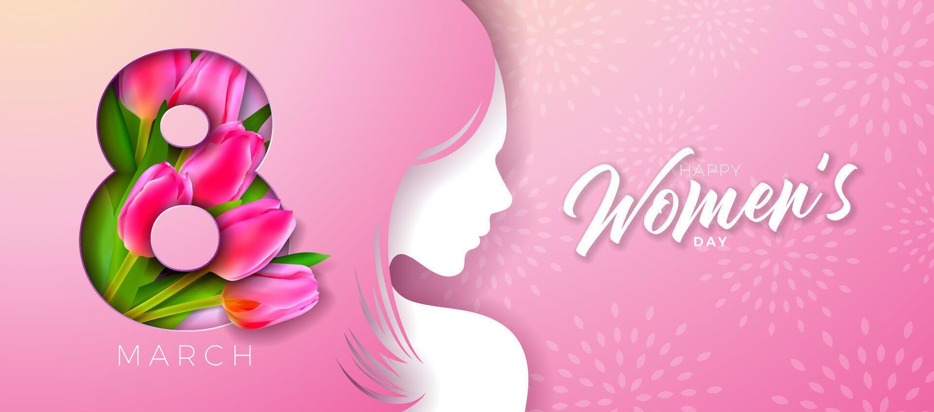 8 marzo internazionale Da donna giorno vettore illustrazione con primavera colorato tulipano fiore e giovane donna viso silhouette su leggero rosa sfondo. donne o madre giorno tema modello per volantino, saluto