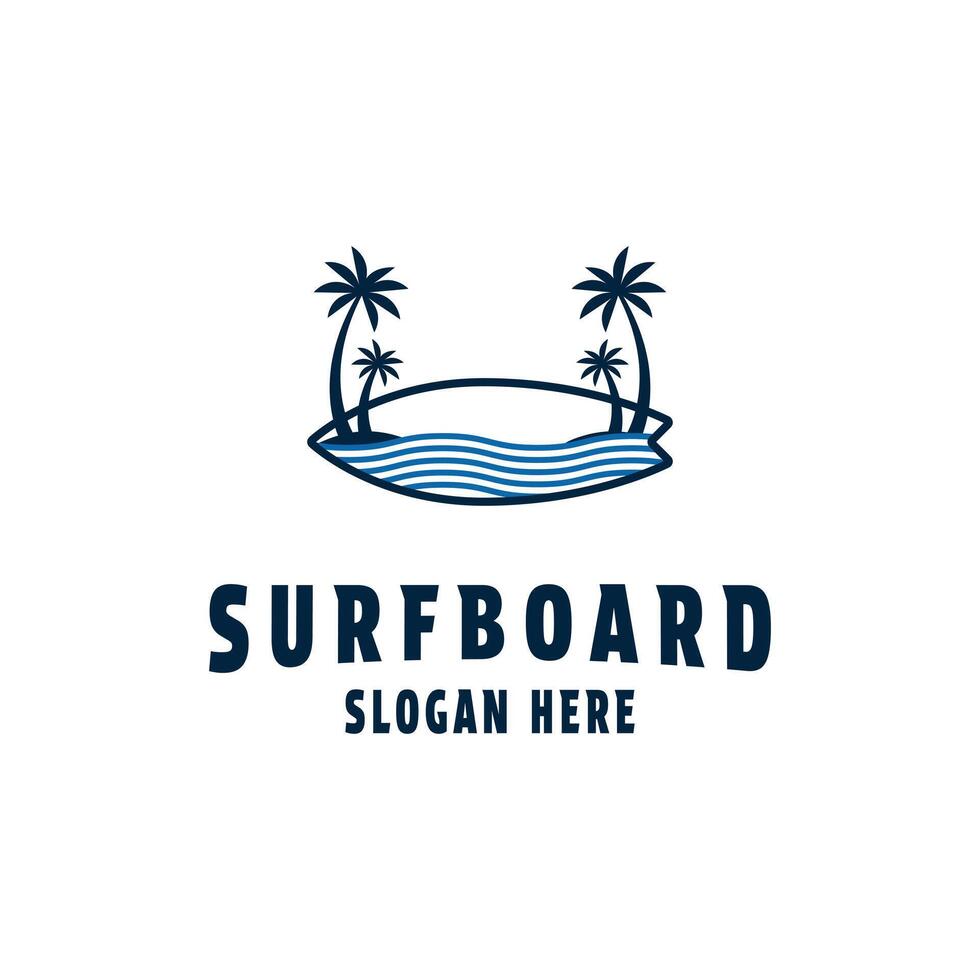 tavola da surf logo design concetto con spiaggia onda e palma albero vettore