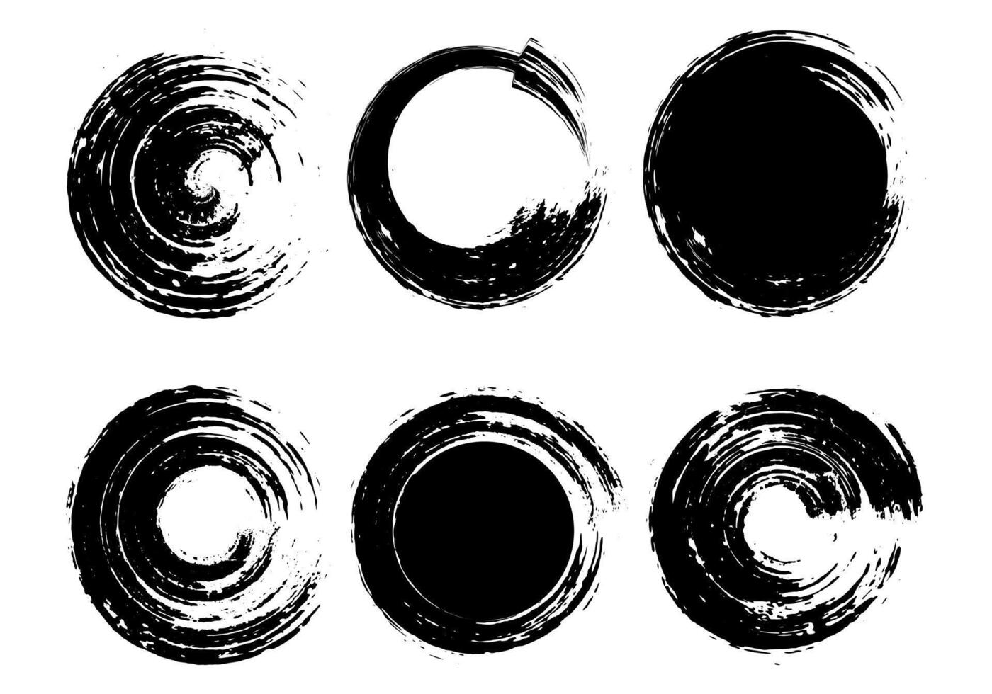 un' impostato di nero inchiostro cerchi spazzola ictus fascio su un' bianca sfondo, nero e bianca icone impostare, un' impostato di nero inchiostro turbinii su un' bianca vettore
