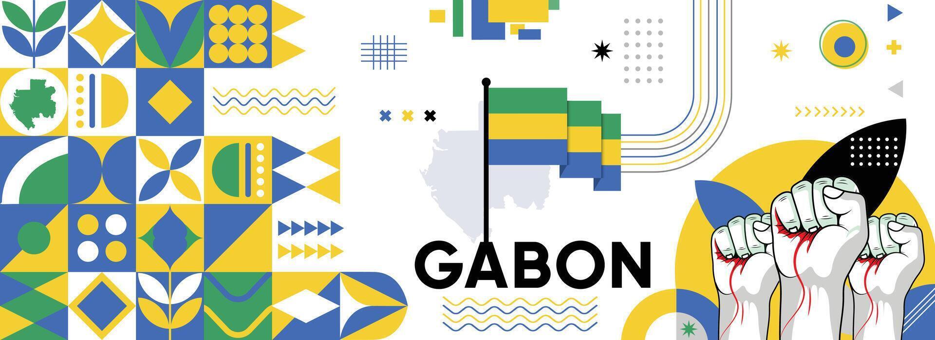 Gabon nazionale o indipendenza giorno bandiera per nazione celebrazione. bandiera e carta geografica di Gabon con sollevato pugni. moderno retrò design con typorgaphy astratto geometrico icone. vettore illustrazione