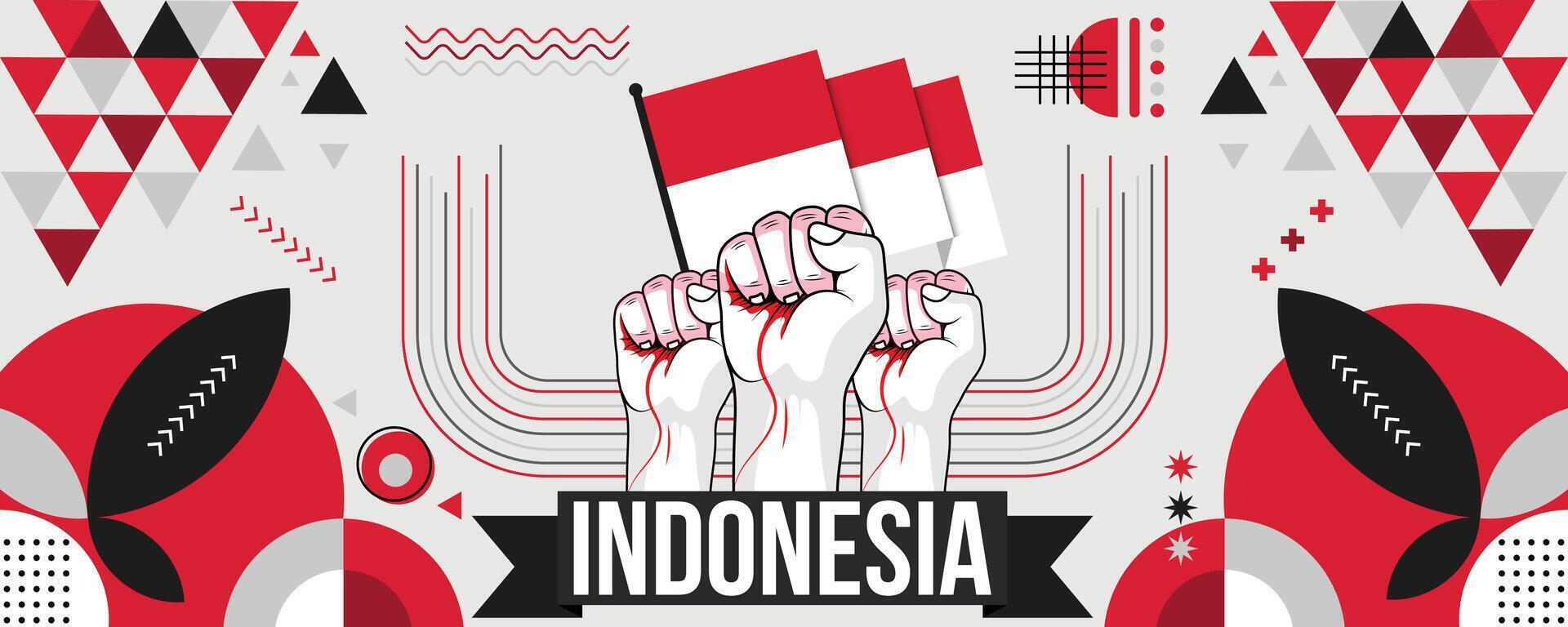 Indonesia nazionale o indipendenza giorno bandiera design per nazione celebrazione. bandiera di Indonesia moderno retrò design astratto geometrico icone. vettore illustrazione