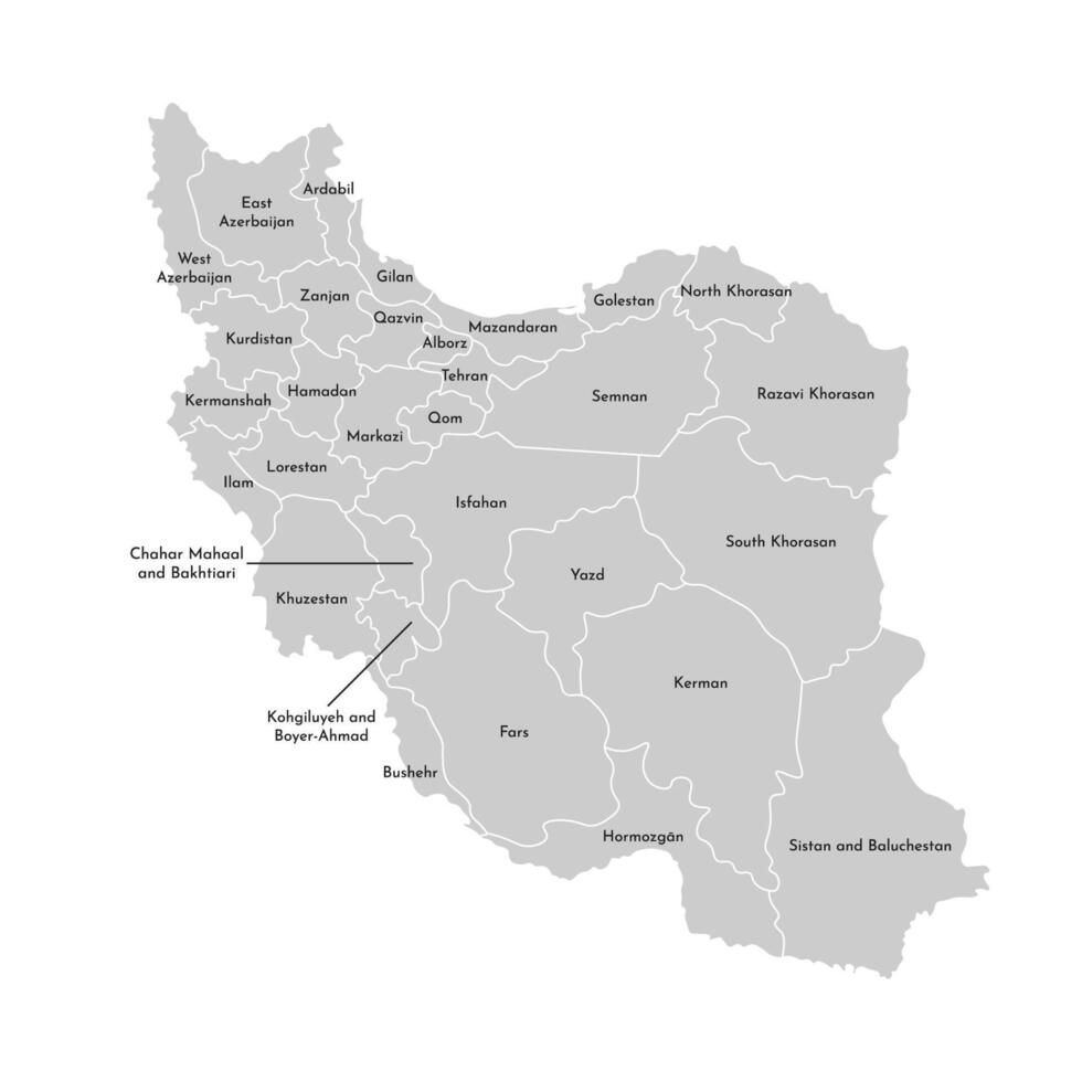vettore isolato illustrazione di semplificato amministrativo carta geografica di iran. frontiere e nomi di il province, regionia. grigio sagome. bianca schema.