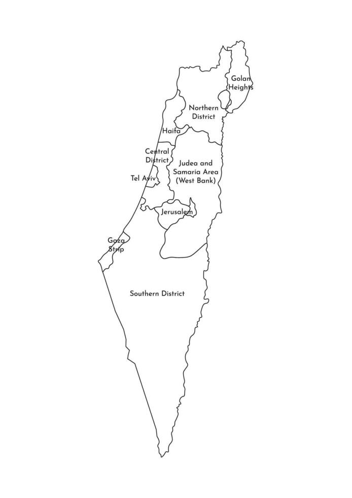 vettore isolato illustrazione di semplificato amministrativo carta geografica di Israele. frontiere e nomi di il quartieri, regioni. nero linea sagome.