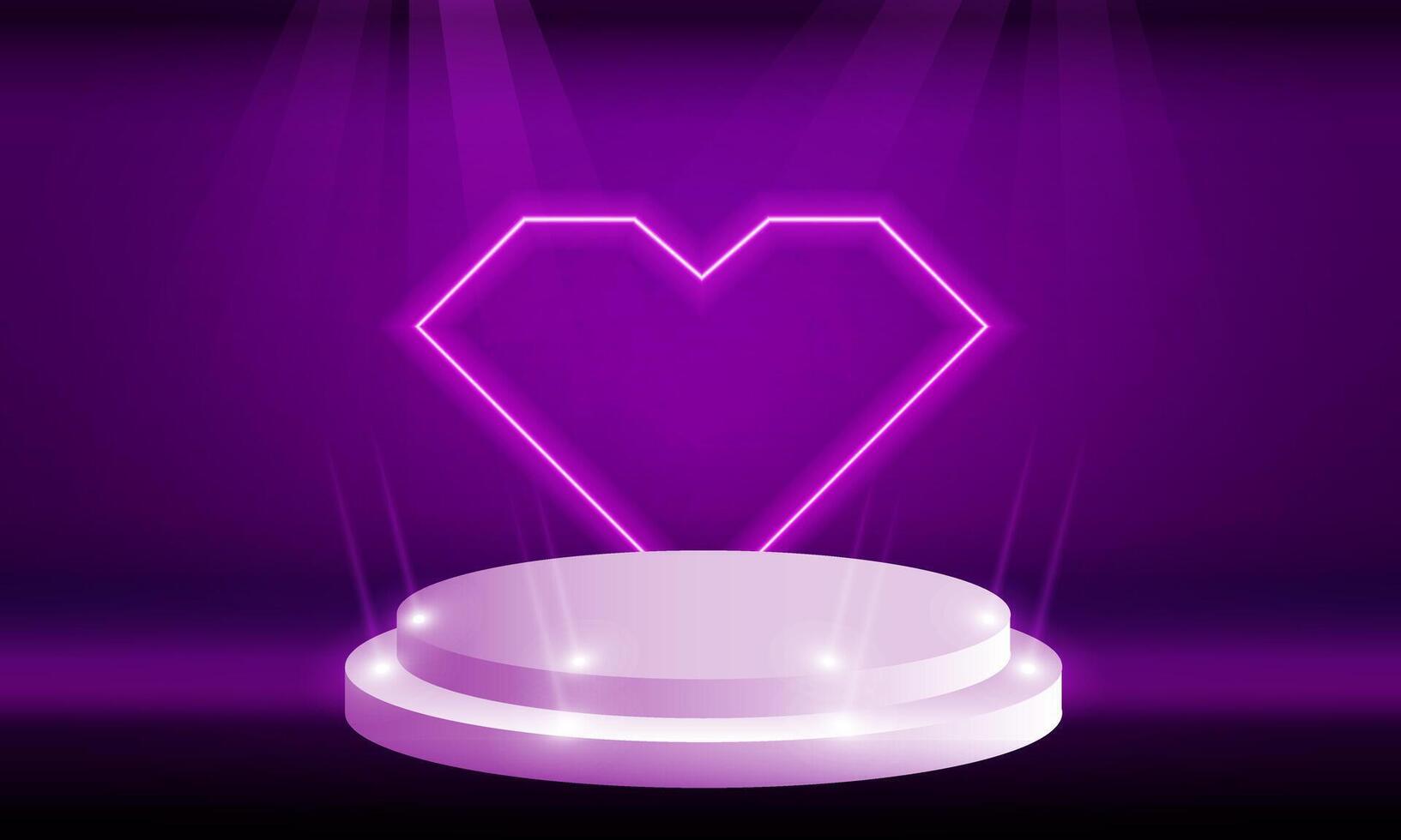 palcoscenico podio con illuminazione, palcoscenico podio scena con per premio cerimonia su leggero rosa neon leggero cuore su con neon leggero telaio di San Valentino vettore