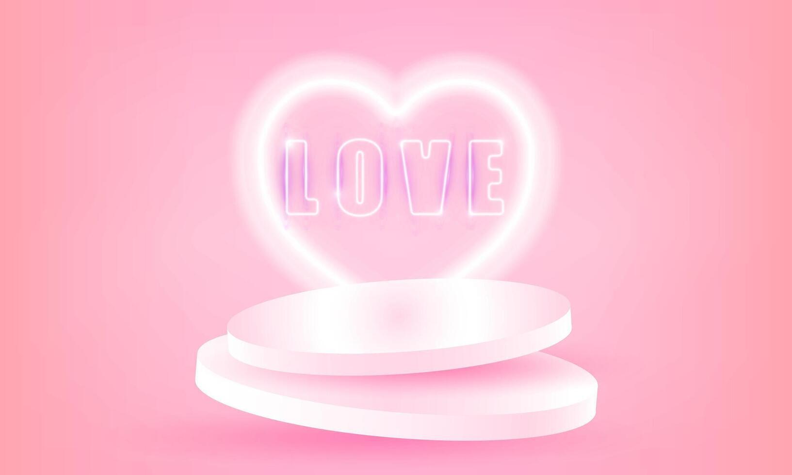 contento San Valentino giorni neon cuore di sfondo con sfocatura cuori. palcoscenico podio scena con per vettore manifesto design