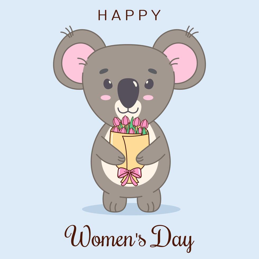contento Da donna giorno saluto carta con carino koala orso Tenere mazzo di fiori vettore