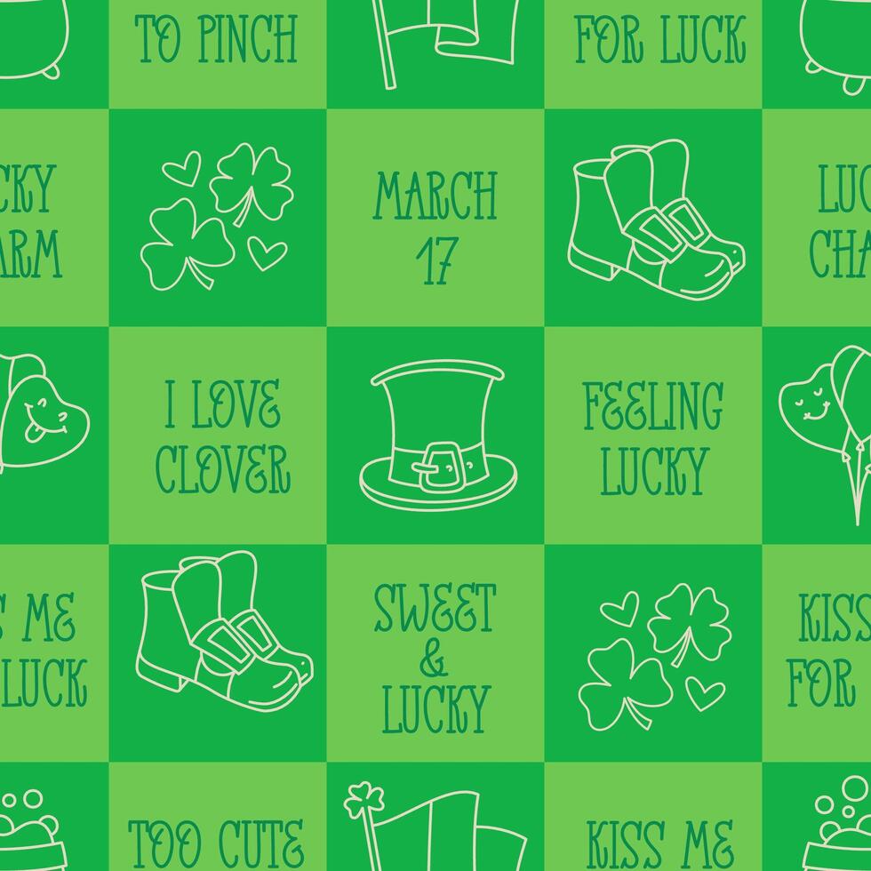 st patricks giorno divertente senza soluzione di continuità modello con un' scacchi verde sfondo e carino disegnato a mano irlandesi vacanza citazioni, icone, simboli, e elementi. vettore