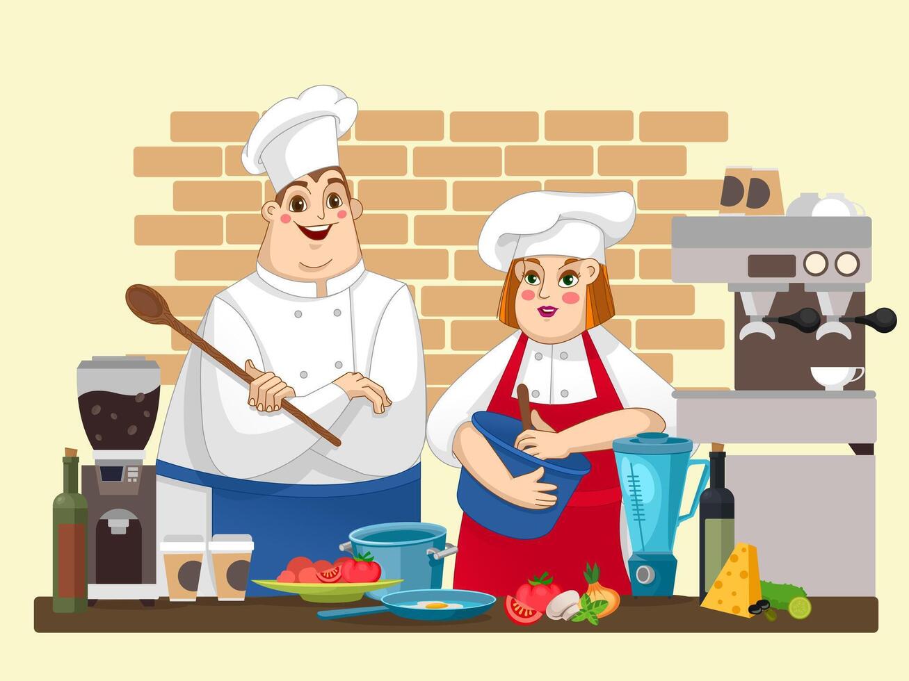 cucinando mostrare. Due chef nel il cucina preparazione cibo. divertimento cartone animato personaggi. opera nel il cucina illustratore opera d'arte vettore