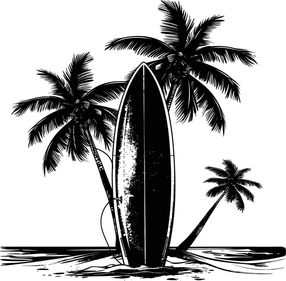 ai generato silhouette fare surf tavola su il spiaggia nero colore solo vettore