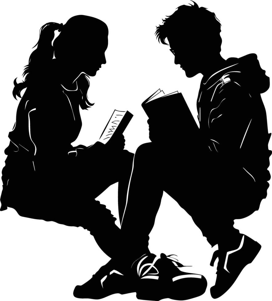 ai generato silhouette adolescente ragazza e ragazzo lettura libro insieme nero colore solo vettore