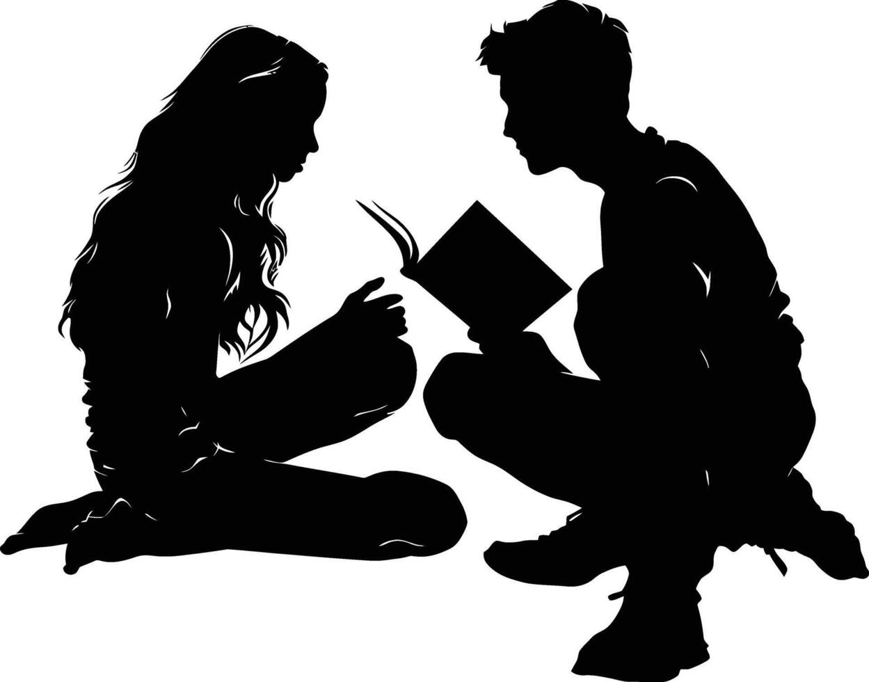 ai generato silhouette adolescente ragazza e ragazzo lettura libro insieme nero colore solo vettore