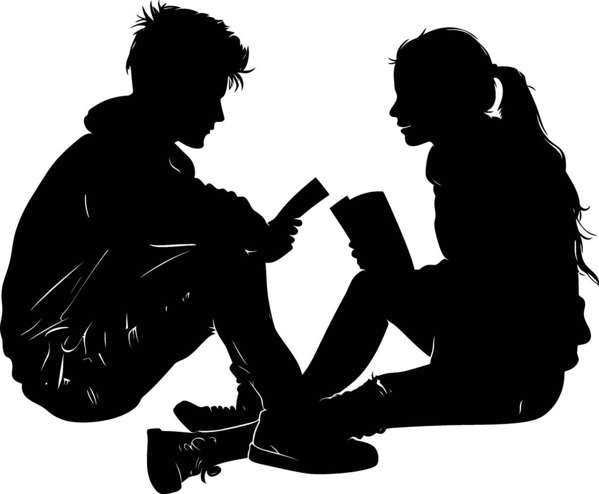 ai generato silhouette adolescente ragazza e ragazzo lettura libro insieme nero colore solo vettore