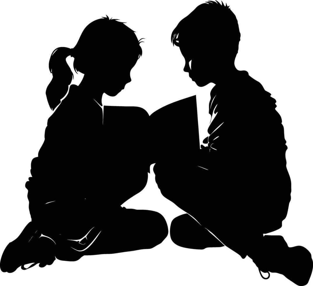 ai generato silhouette adolescente ragazza e ragazzo lettura libro insieme nero colore solo vettore