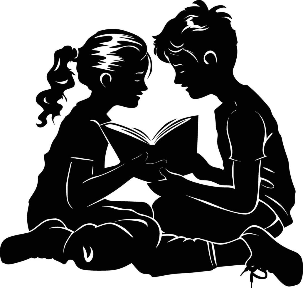 ai generato silhouette adolescente ragazza e ragazzo lettura libro insieme nero colore solo vettore