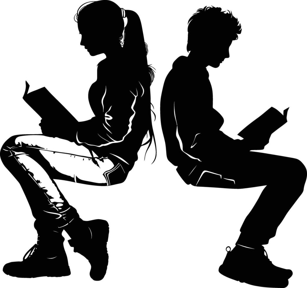 ai generato silhouette adolescente ragazza e ragazzo lettura libro insieme nero colore solo vettore