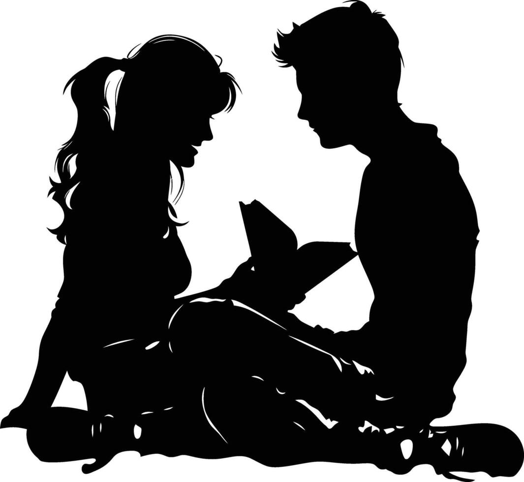 ai generato silhouette adolescente ragazza e ragazzo lettura libro insieme nero colore solo vettore