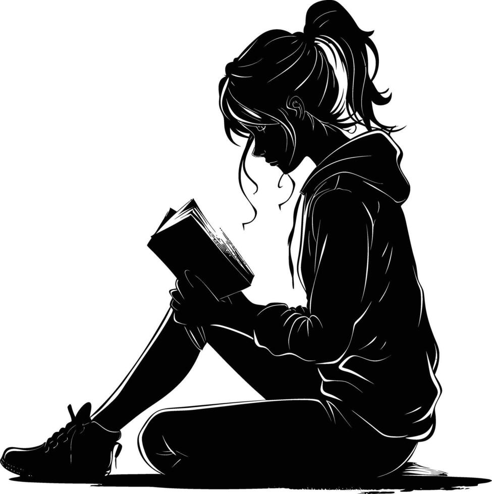 ai generato silhouette adolescente ragazza lettura libro nero colore solo vettore