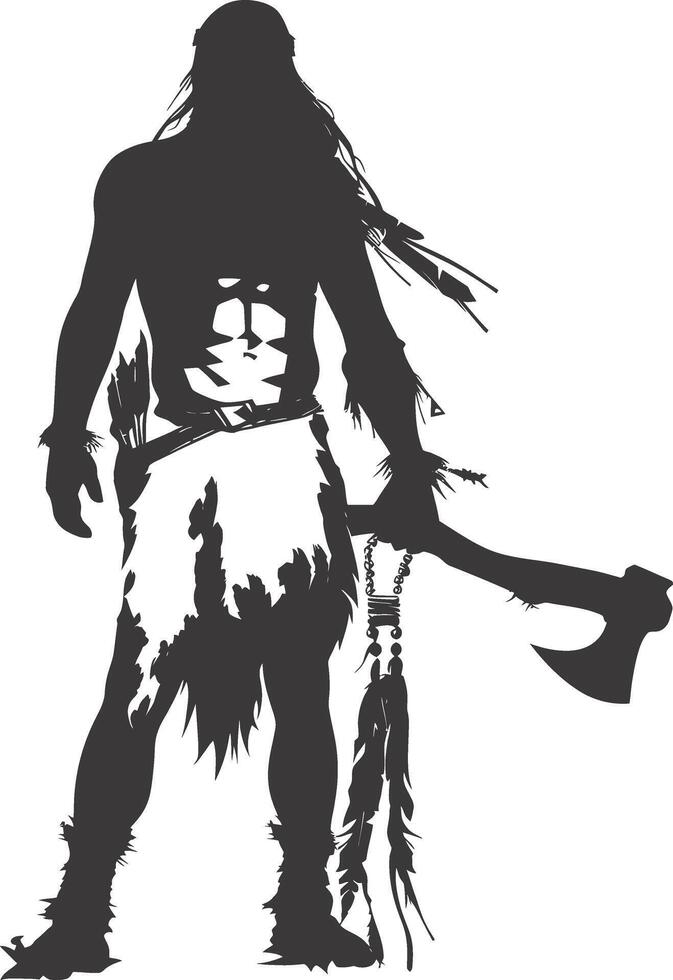 ai generato silhouette nativo americano uomo Tenere pietra ascia nero colore solo vettore
