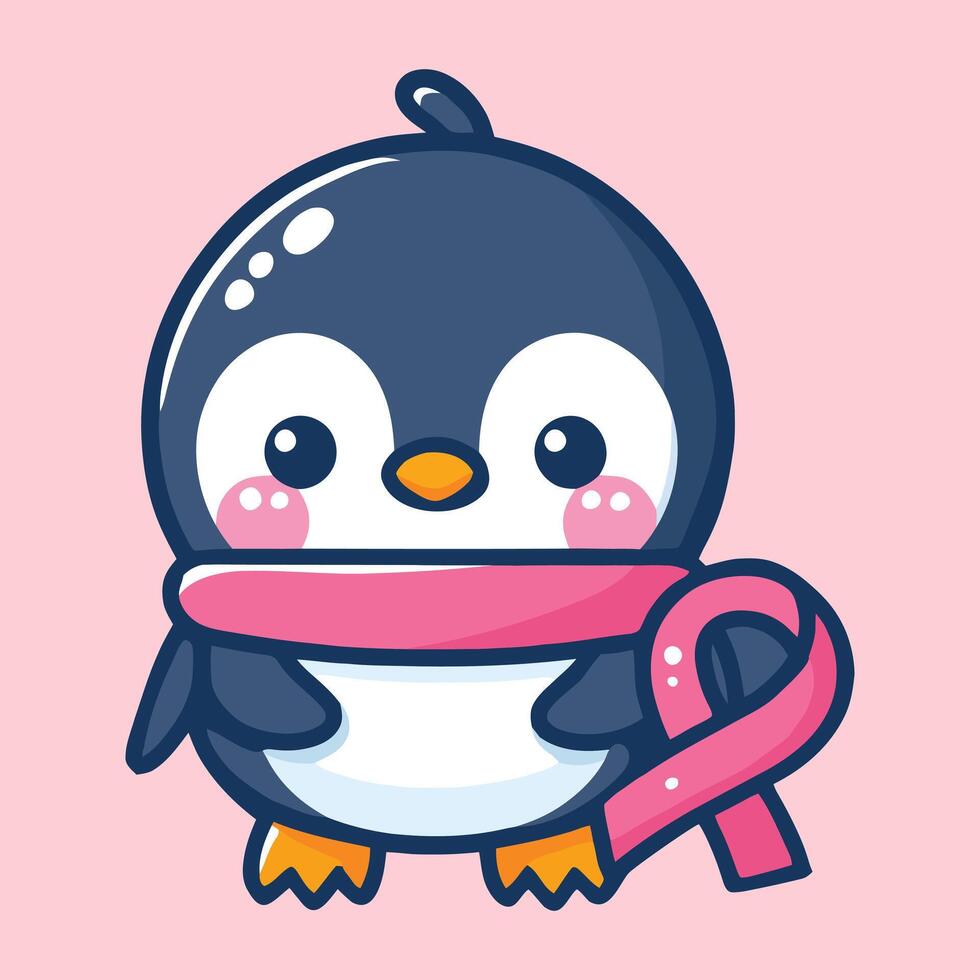 carino pinguino con rosa nastro. Seno cancro consapevolezza mese concetto. vettore