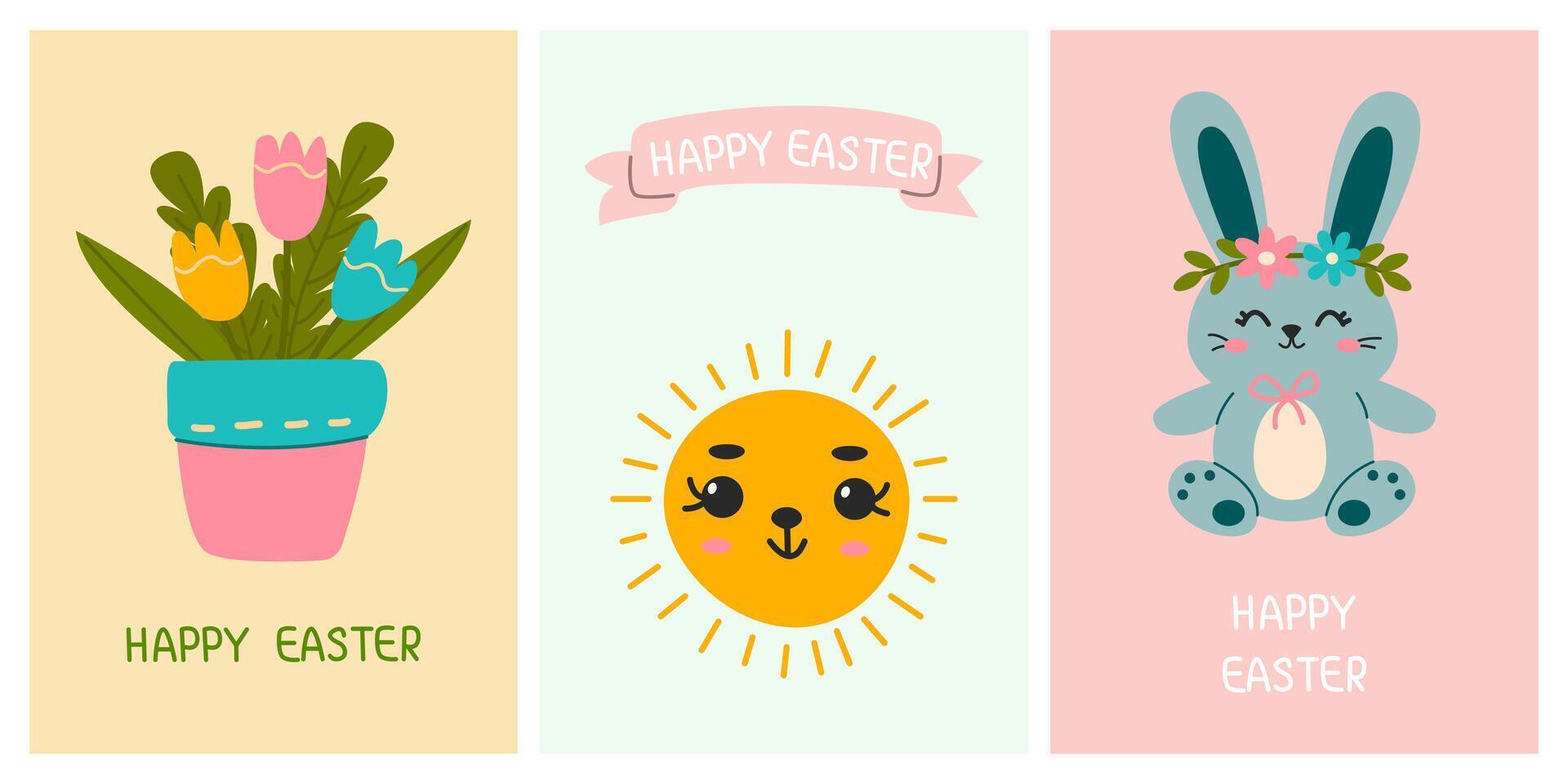 saluto carino carte per il Pasqua vacanza. il sole, un' coniglio, un' vaso di fiori. per manifesti, cartoline, scrapbooking, adesivi vettore