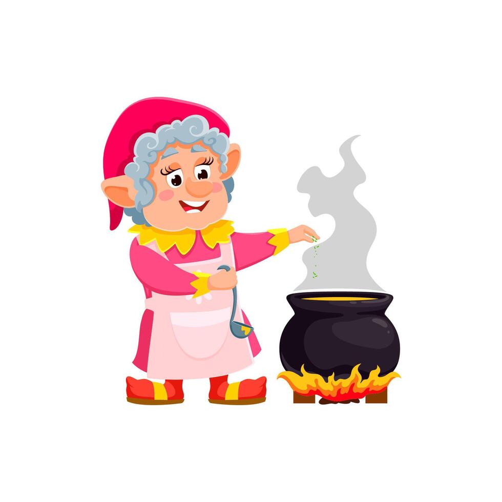 cartone animato gnomo femmina personaggio cucinando nel pentola vettore