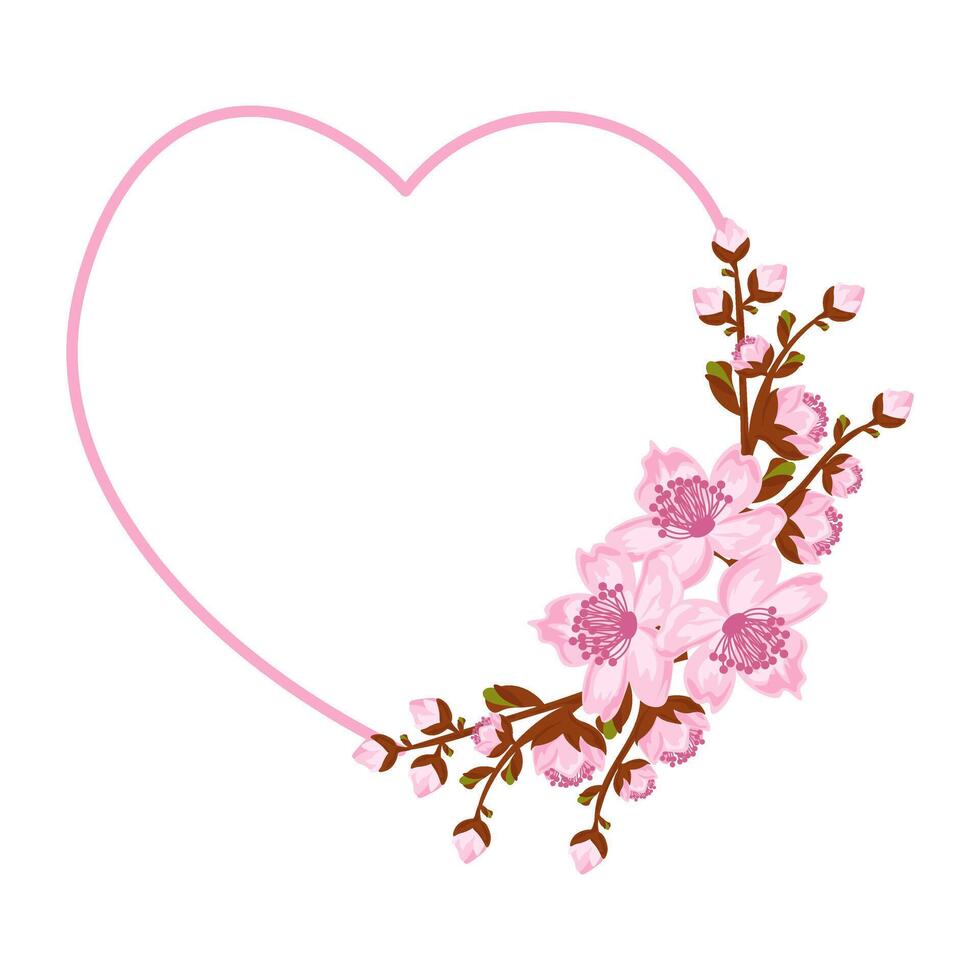 cuore telaio con preparativi di ramoscelli sakura o ciliegia fiore. design per invito o saluto carte vettore