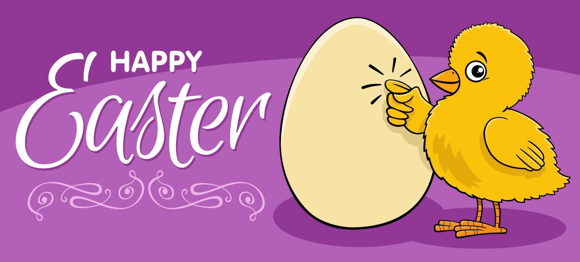 cartone animato Pasqua pulcino colpi su un uovo saluto carta vettore
