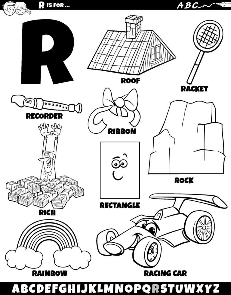 lettera r impostato con cartone animato oggetti e personaggi colorazione pagina vettore