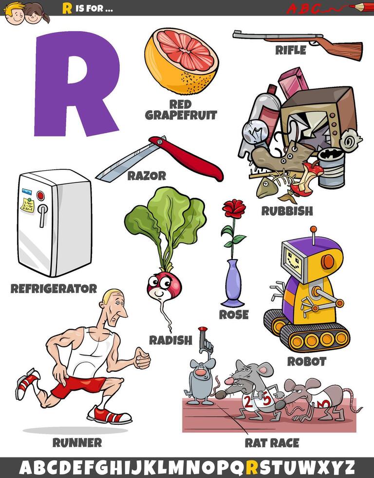 lettera r impostato con cartone animato oggetti e personaggi vettore