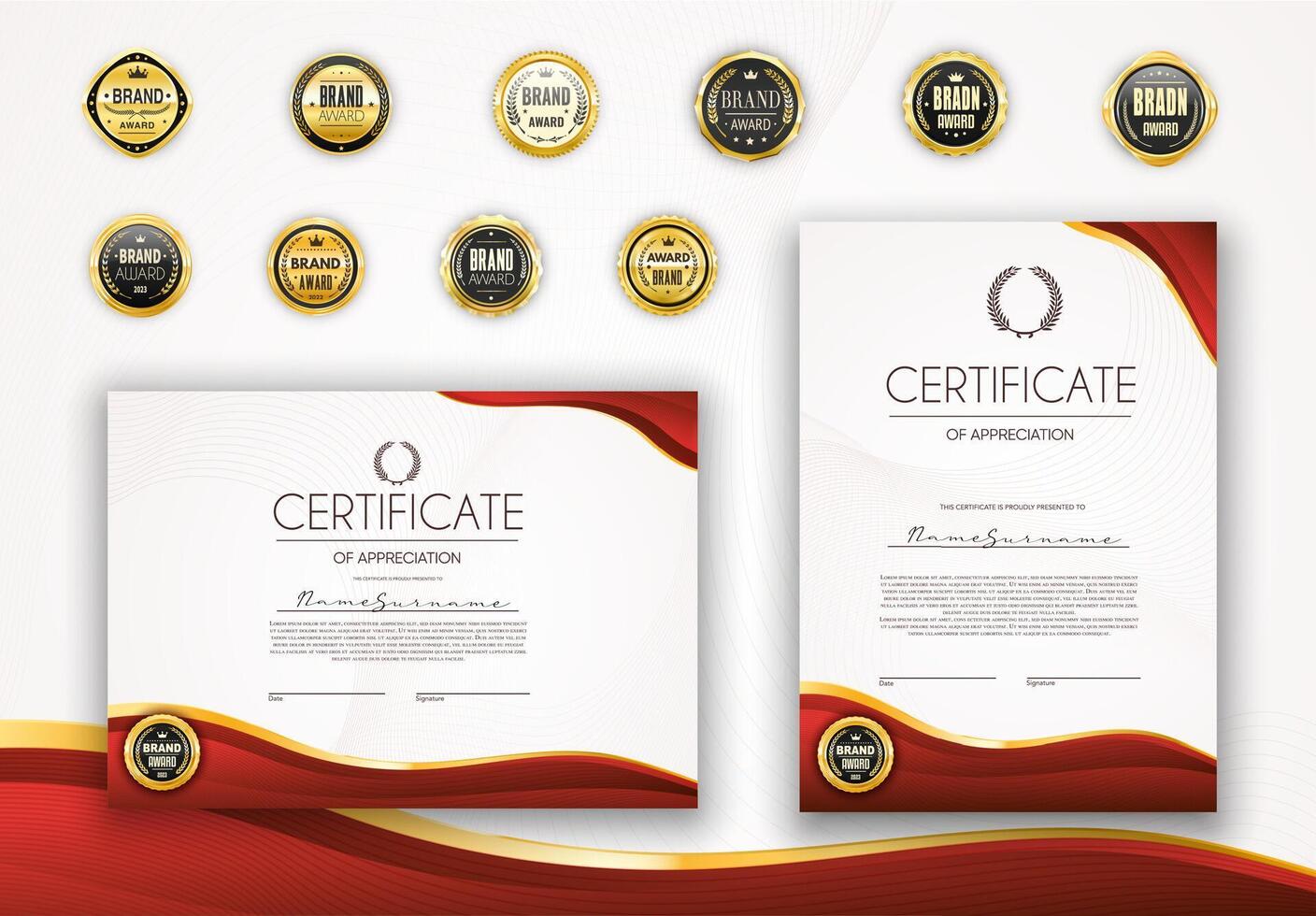 rosso certificato, diploma premio modelli e foche vettore