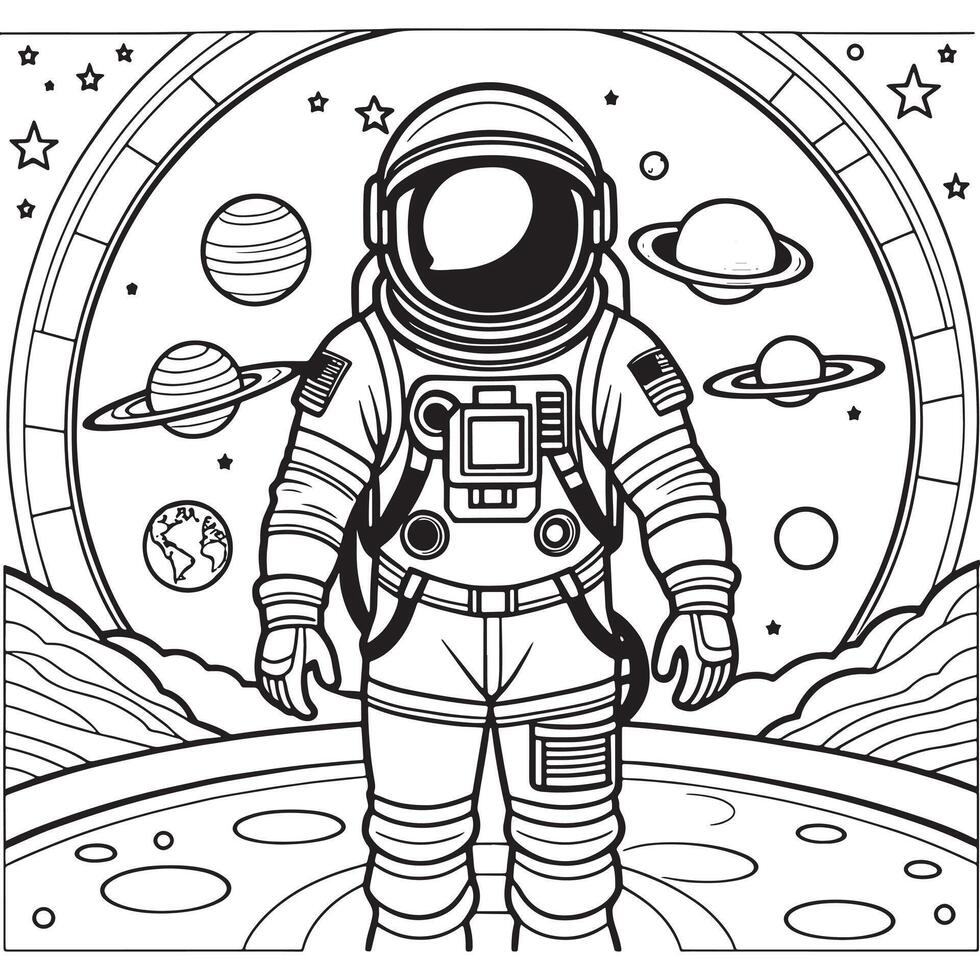 astronauta schema colorazione pagina illustrazione per bambini e adulto vettore