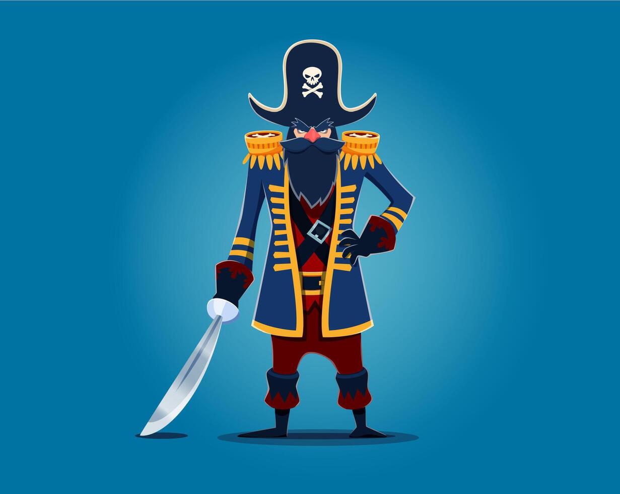 cartone animato pirata Capitano personaggio nel tricorno cappello vettore