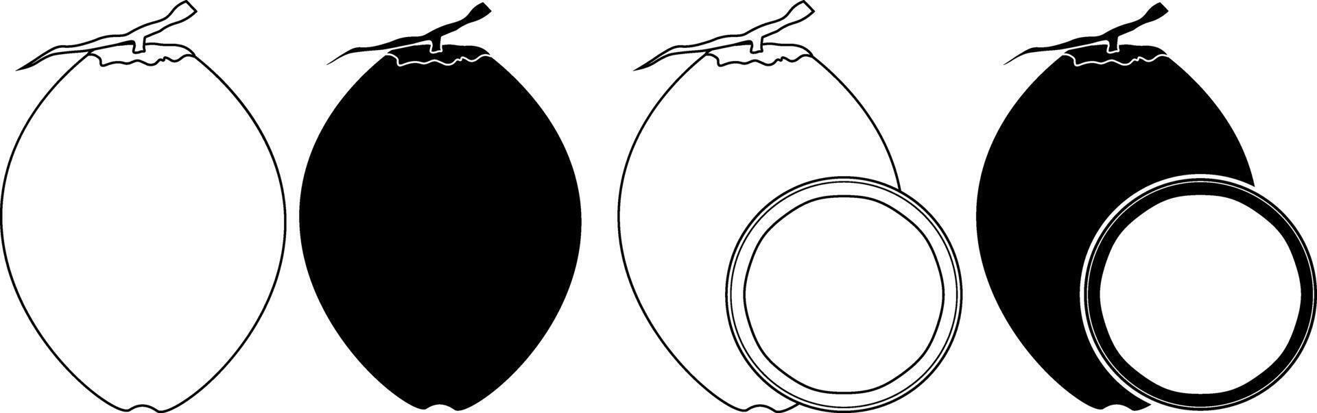 schema silhouette Noce di cocco piatto icona impostato vettore