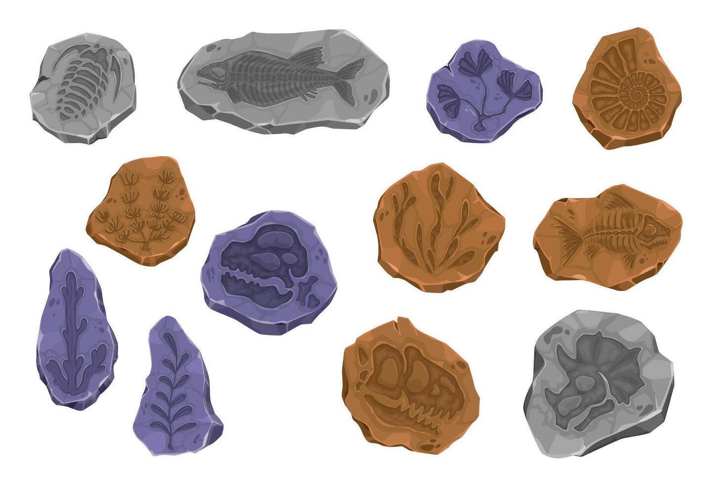 antico dinosauro fossile, pesce scheletro e pianta vettore